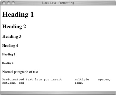 You can apply any of eight basic paragraph formats to a block of plain old text: Headings 1 through 6, Paragraph, and Preformatted. Normally, browsers vary the size, font, and weight (boldness) of these tags (unless you add some of the CSS magic discussed in the next chapter).