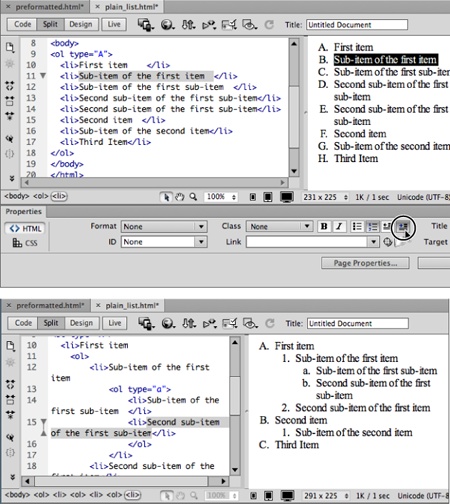 Top: To create a nested list, start with a single list—in this case, a numbered list using capital letters instead of numbers. Middle: Select a subtopic, and then click the Indent button (circled) or choose Format→Indent. Bottom: The item becomes a nested list, indented from the main list and with its own numbering. Notice, too, that the major points have been renumbered—item F from the top figure is item B in the bottom figure—to reflect the list’s new order.