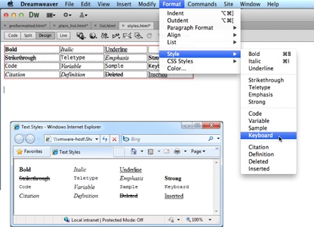 Top: While the Property Inspector lets you apply bold and italic formats to text, the Format→Style menu offers a larger selection of styles. Don’t be confused by the term “styles,” which, in this case, merely refers to different HTML tags. They’re unrelated to CSS styles and are intended to identify very specific types of text, like citations from a book or magazine, or programming code. Bottom: As you can see, the many style options usually include bold, italic, the browser’s monospaced font (usually Courier), or some combination of the three. But don’t worry about how they look “out of the box”—as you’ll learn in the next chapter, you can make any of these tags appear any way you want by applying CSS.