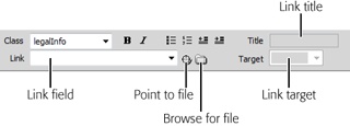 The Property Inspector gives you three ways to add links to a web page: the Link field, the “Point to file” tool, and the “Browse for File” button.