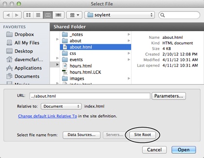 Every file in a website needs to be somewhere inside a local root folder (see the box on page 46). This master folder holds all the files for your site, including other folders with other files. Because it’s so central to your web files, Dreamweaver includes a Site Root button (circled) in every window that requires selecting or saving a file. (This example shows what you see on a Mac; on Windows PCs, the button’s at the top of the window, as shown in Figure 4-4.) Click this button and you jump straight to your site’s root (so you know exactly where you are on your hard drive), making it easy to navigate to the file you need.