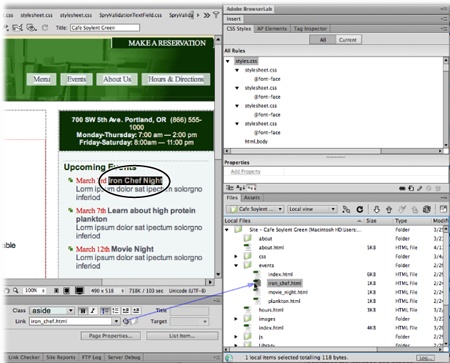 In the document window, select the text (circled) you want to turn into a link. To link to another page, drag the Point-to-File icon (the bull’s-eye icon in the Property Inspector) to a web page in the Files panel (right). In this example, Dreamweaver creates a link to the web page called directions.html. You could also Shift-drag from the selected text to the directions.html page in the Files panel to create the same link.