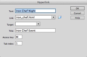 As an alternative to using this dialog box, you can specify all the options you see here, except the “Access key” and “Tab index” properties (see steps 6 and 7 below), to existing text or images from the Property Inspector. Also, keep in mind one somewhat special case. If you want to add an access key and tab index to an already existing link, you have a couple of options: Go into Code view (as described in Chapter 7) and hand-edit the HTML, or use the Tag Inspector to see all the properties available to a particular link. (For details, see page 362.)