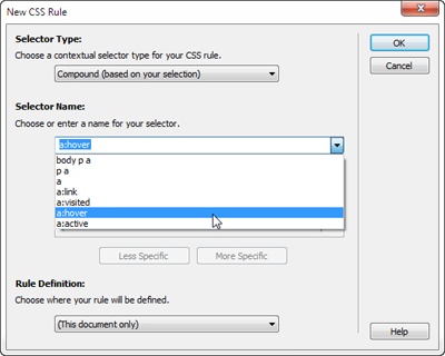 The drop-down menu that appears when you select “Compound” as the selector type from the top menu lists the four link pseudo-classes. You may see one or more other names at the top of the list, too—for example, the “body p a,” “p a,” and “a” selector names you see in this menu. The Selector Name menu lists the style names you can apply to what you have selected on the page. In this case, you put the cursor inside a link, which was inside a paragraph. As a result, Dreamweaver suggests creating a “body p a” style or a “p a” style. These styles are called descendent selectors—you’ll learn about them on page 377.