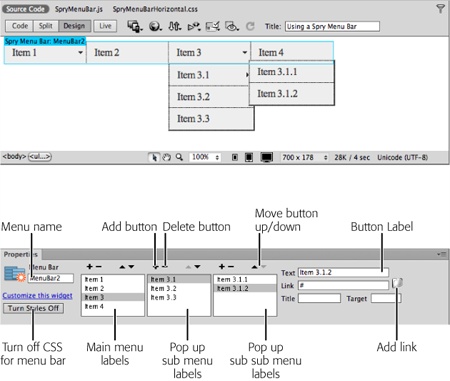 Dreamweaver provides a generic name for each Spry menu it inserts, like MenuBar1. There’s no harm in leaving that name (you’ll never see it on the page), but feel free to change it to something more descriptive, like mainNavigation. The only requirement is that you use only letters and numbers, and no spaces or punctuation (the naming rules are the same as those for class styles, as described on page 128).