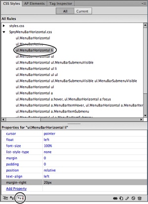 When you select a style name in the CSS Styles panel, all its properties appear in the Properties pane in the bottom half of the panel. To see only the properties currently set for the style, make sure you have the “set properties” button (bottom circle) pressed. Click any value (for example, “20px,” in the margin-right field here) to edit the CSS property.