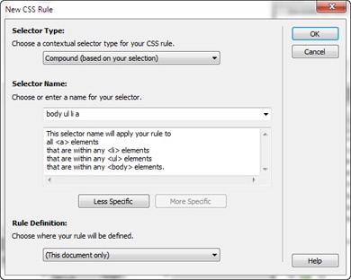 The Compound selector option lets you type any valid CSS selector in the Selector Name box. You can even create class, tag, and ID styles after choosing the Compound selector option. For a new class, type the name of the class preceded by a period, like this: .copyright. To create a tag style, type the tag name without brackets: p for the <p>, or paragraph, tag, for instance. And, to create a new ID style, type the # symbol followed by the ID name: #firstName, for example.