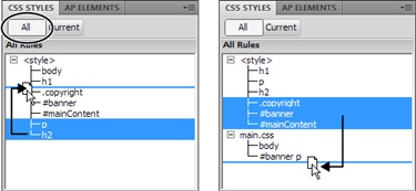 In the CSS Styles panel, you can drag styles to different locations within a style sheet (left). In this case, dragging the styles below the h1 style groups all the basic tag selectors (body, h1, p, and h2) together. You can also drag styles from one style sheet to another. In the Styles panel on the right, you’re moving three styles from an internal style sheet to a CSS file named main.css.