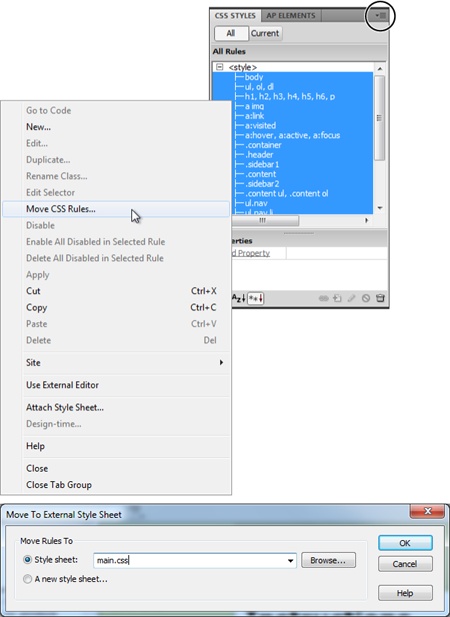 Moving internal styles to an external style sheet is a two-step process. First, select the styles you want to move and right-click to select “Move CSS Rules.” Second, tell Dreamweaver where you want the style to go. You can also find the “Move CSS Rules” command from the Option menu on the CSS Styles panel (circled). You can use this same technique to take one really long, single external style sheet file and move related styles into several smaller CSS files.