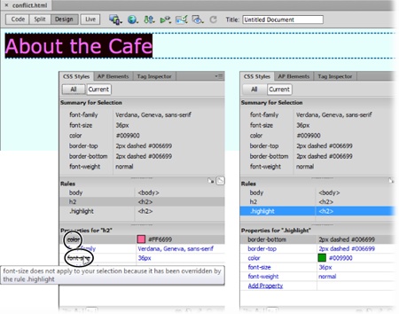 Selecting the Current view of the CSS Styles panel lets you easily view all the properties applied to the currently selected item—in this example, it’s the headline (an <h2> tag) pictured in the top image. A line (circled in the left corner of the panel below) strikes out properties from a style that doesn’t apply to the headline. In this case, the font-size and color properties in the .highlight class style override the same properties in the less specific h2 style (bottom left).