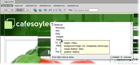 The Code Navigator displays a list of CSS styles applied to any element on a page. In fact, it can show more than just CSS; if you’re working with templates (see Chapter 19) or dynamic, server-side web pages (see Chapter 21), the Code Navigator lists other files that impact the current document, such as a template file or a file with server-side programming.