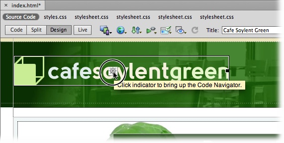 If the Code Navigator’s ever-present steering wheel icon bothers you, get rid of it by turning on the Disable checkbox in the Code Navigator window (see Figure 8-11). From that point on, you open the Code Navigator using the keyboard shortcut or one of the other methods discussed above.