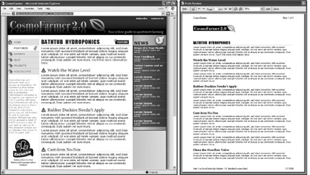 When you print a web page (left), you really don’t need its navigation links or information unrelated to the topic at hand. Create a print style sheet to eliminate unnecessary content and format the page so it looks nice when printed (right).