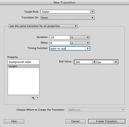 The New Transition window looks a bit overwhelming at first, but it’s really an easy way to create a CSS transition: identify a page element you want to animate using the Target Rule menu, specify a trigger for the animation (the “Transition on” option), choose a CSS property you want to animate, and then set some timing options.