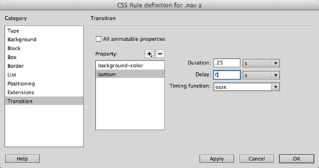 You can use the CSS Rule Definition window to add a CSS transition property to any element. You’ll also need to create another style that triggers the transition, like a :hover pseudo-class style.