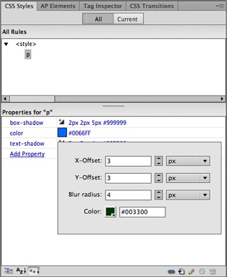 While Dreamweaver doesn’t provide much assistance in using most CSS3 properties, it does give you an easy-to-use and -understand dialog box for a handful of CSS3 properties, like text-shadow, pictured here.