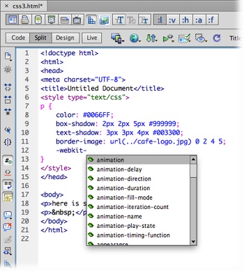 Dreamweaver’s code-hinting feature is a time- and finger-saver. As you type a few letters of a CSS property, Dreamweaver opens a window that lists matching properties. You can select a property from the list and let Dreamweaver type the rest. This feature works with HTML tags and JavaScript programming as well.