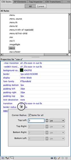 The CSS border-radius property adds rounded corners to elements. You can give all four corners the same radius (as in this case) or turn off the “Same for all” checkbox and type different radii for each corner. If you want to create a completely rounded “box” then use 50% for all four corners.