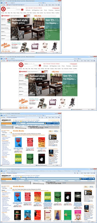 CSS gives you several ways to deal with the uncertain widths of browser windows and browser font sizes. You could simply ignore the fact that your site’s visitors have different-resolution monitors and force a single, unchanging width on them, as the Target.com website does. As you can see in the top two images, resizing the browser window doesn’t change the page—it remains the same width (but centered in the browser window) when you make the browser window wider. Many websites take this approach. Alternatively, you could create a liquid design whose content flows to fill whatever width window your visitor uses. That’s how Amazon’s site works (bottom two images).