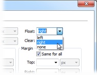 You have just three options when you want to float an element: left, right, and none. You might never need “none”—it simply positions an element as though it were a normal, unfloated element. Since this is the regular behavior of any element, you need this option only if you want to turn off a float applied by another style (see page 391 for more on how multiple styles can affect the same element).