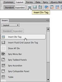 The Layout category of the Insert panel includes buttons for adding both <div> tags and absolutely positioned divs (see page 465). In this figure, the top image is the Insert bar in Classic view (as described on page 38), and the bottom is the Insert panel as Dreamweaver displays it by default.