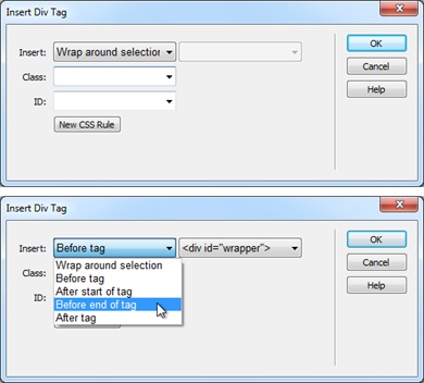 The Insert Div Tag tool tells Dreamweaver where to place a div in relation to other tags on the page (bottom image, drop-down menu on left). The Insert drop-down menu to the right of that lets you choose the precise tag for the div insertion point. That menu lists tags that have an ID applied to them, or, if you chose “After start of tag” or “Before end of tag” from the left-hand menu, it lists the <body> tag. Suppose, for example, you want to insert a <div> tag to display a footer at the bottom of a page. Because you know the footer will go last on the page, you click the Insert Div Tag button, select “Before end of tag” from the left menu, and <body> from the right menu. Dreamweaver puts the <div> tag at the very end of the page’s content, just before the closing </body> tag.