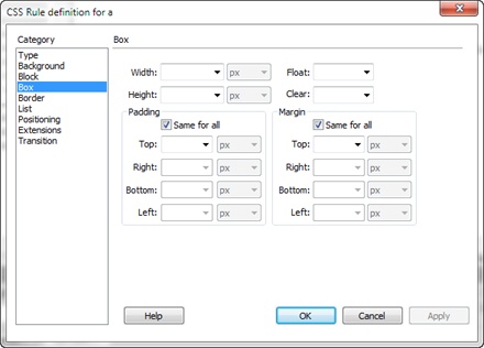 Use the Box category to define the dimensions of a style, to position an object on the page, and to add space between the styled object and the objects around it.