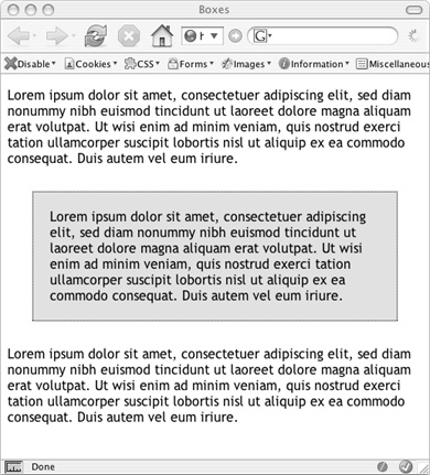 In what web designers call the CSS Box Model, every style is composed of multiple boxes, one inside the other. Each box controls certain display properties of the style. The outermost box is called the margin. It controls the space between the border of the styled object and any other objects around that object, such as images, paragraphs, or tables; padding is the space between the border and the content itself (the innermost box). The area within the border, which includes the content and the padding, may also have a background color. Actually, the background color is drawn underneath the border, so if you assign a dashed or dotted border, the background color appears in the gaps between the dots or dashes.