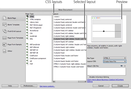 This Blank Page New Document dialog box lists Dreamweaver’s ready-made CSS Layouts. For example, “2 column fixed, right sidebar, header and footer” indicates a design with 2 columns: the main content column on the left, and a thinner sidebar (for supplementary info like links) on the right. The design also sports a fixed width and has header and footer divs. A preview of the selected layout appears in the top-right of the window; a brief description below the preview provides more detail on how the layout works.