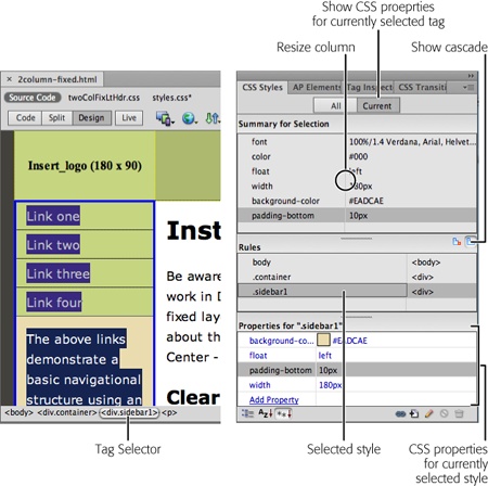 Finding the style that formats a particular tag can be tricky—unless you’re using Dreamweaver. By combining the Tag Selector and the Current view of the CSS Styles panel, you can quickly identify and edit a style applied to any tag on a page.