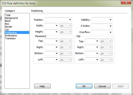 Dreamweaver gives you easy access to its many CSS Positioning properties. You’ll never need to set all of them, and web designers rarely use a few of them, like those found in the Clip section of this dialog box (see page 472 for details on the Clip property).