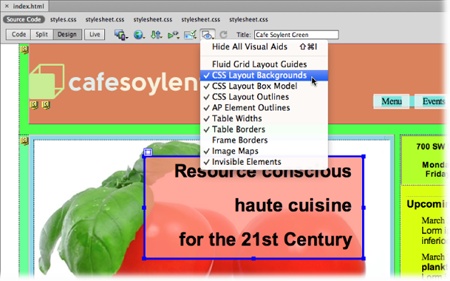 Choices 3 to 6 in the Visual Aids menu provide visual cues to help you with CSS Layouts in Design view. The CSS Layout Backgrounds option—selected here—lights up each <div> tag on a page with a hideous, randomly selected background color. It also highlights any element whose display property you set to “block” (page 166), or that uses either absolute or relative positioning. You’ll find the CSS Layout Box model option discussed in Figure 9-12.