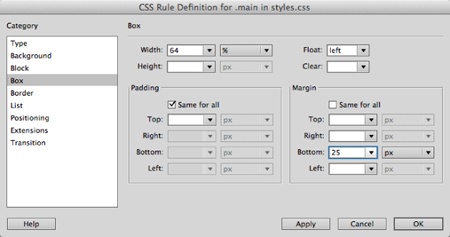 Percentage-width values make an element change size based on the width of its parent element. For example, a 64% wide box placed inside the body of a web page makes that box 64% of the browser window’s width. As a visitor resizes the window, the box changes width. However, if you place that box inside another div with a pixel-value width—say 1,000 pixels wide—that box will now be a fixed width (64% of the 1,000-pixel-wide container, or 640 pixels).