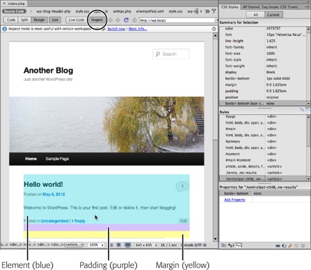 Dreamweaver’s Inspect mode is a great way to see which CSS styles affect which elements on a page. It’s especially useful for pages with a lot of JavaScript-created elements, like drop-down menus and tooltips, or pages that include server-side programming, like PHP files. This figure shows a blog post made with the popular WordPress blogging system. In WordPress and other “content management systems,” like Joomla and Drupal, web “pages” aren’t individual files like the ones you’ve been building in this book, they’re dynamically created screens that pull information from a database and construct the HTML for the page on the spot. Live view lets you see what a page created with server-side programming looks like in a browser; Inspect mode lets you analyze the CSS that formats the different parts of the page, like the sidebar pictured here.