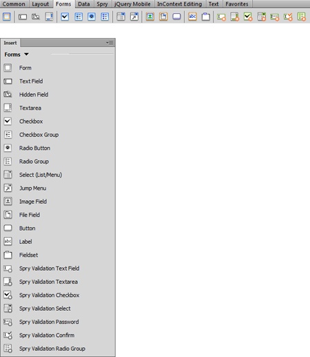 Choosing the “Classic” view from the Workspace Switcher, as described in the Note on page 38, turns the Insert panel into a toolbar that runs along the top of Dreamweaver’s workspace (you can also just drag the Insert panel up to the top of the screen to turn it into a toolbar). If you prefer the Insert panel where it normally appears (bottom), select the Forms category to get one-click access to all the form elements—buttons, text fields, checkboxes, and so on. Since the Forms category has so many buttons, you might want to turn off the labels that appear next to each icon, as described on page 27. That way, you can see all the form buttons without using your monitor’s entire height.