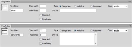 The Property Inspector looks slightly different depending on the type of form element you choose. For example, the properties for a regular text field (top) differ from those for a multiline text field—actually called a “textarea” in HTML-speak (bottom).