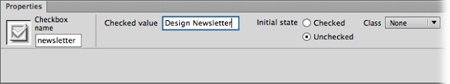 The “Checked value” property defines the checkbox’s actual value—that is, the value it sends to the form-processing application when a guest submits the form.