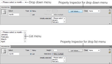 A drop-down menu (top) takes up a single compact line on a page; a list (bottom) can take as many lines as you choose. Use the first menu or list item to tell visitors what to do. For example, “--Please select a month--” or “--Select One--”.