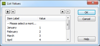 Using the + button, you can add an item to the end of a list; when you click inside the list’s last item’s Value column, pressing Tab creates a new list item. To delete an item, select it, and then click the minus-sign button. You can move an item higher or lower in the list by selecting the item and then clicking the up- or down-arrow buttons. Like radio buttons, pop-up menu items and list items always flock together—nobody ever creates just one.