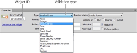 Depending on the type of form field, Spry validation can check for different types of input. In the case of a text field, pictured here, Dreamweaver lets you verify 14 formats for visitor-supplied text.