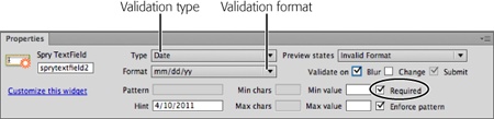 Spry validation text fields provide multiple options for verifying visitor input.