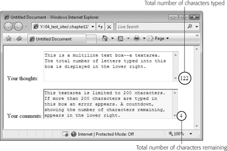 A Spry text area can include feedback on how many letters a guest has typed in to a multiline text box (top). You can also display a countdown that shows how many more letters your visitor can type before she reaches the limit (bottom).