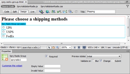 The Spry Radio Group’s only useful validation option is Required, which makes sure that site visitors select a button within a group of radio buttons. The Empty Value and Invalid Value boxes are just plain silly—even Adobe’s online documentation doesn’t provide a good use for them. If you come up with one, send an email to missing@sawmac.com.