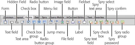 Normally, the Insert panel appears on the right of the screen, along with Dreamweaver’s other panels (Files, CSS Styles, and so on). But if you choose the Classic workspace layout as described on page 38, the Insert panel becomes this Insert bar and sits across the top of the screen. Click the Forms tab to see all the form objects. If your monitor is wide enough (most are), the Classic view is usually the better way to go—it frees up space on the right side of your monitor for the CSS and Files panels.