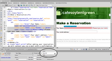 A Spry validation widget’s “Preview states” option lets you see the error messages that appear if a visitor incorrectly fills out a form. With the error message visible in Design view, you can select and edit it.