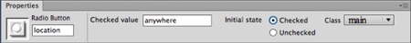 Selecting the Checked option for a radio button ensures that the button is pre-selected. In other words, if you want one button in a group of buttons to be the default, set its initial state to Checked. The same strategy works for checkboxes.