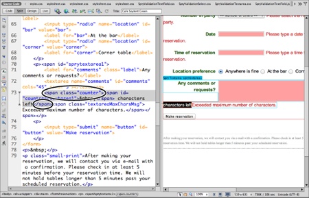 The <span id= “countsprytextarea1”> &nbsp;</span> code indicates the spot where the JavaScript programming will write the number of characters left. You don’t want to put your message there, because JavaScript essentially deletes what’s inside that span each time a visitor types in the box. Placing the “characters remaining” text just outside that <span> assures that the text will appear right next to the updating number of characters.