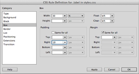 When floating a form label to the left, it’s a good idea to also set the Clear property (page 449) to “left.” This prevents the label from wrapping around the right side of another label. By setting the Clear property to left, you’re telling the labels to always appear below other floated labels.