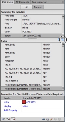 To format Spry widgets most easily, use the CSS Styles panel’s Current view. If you have the Cascade button (circled) selected, then you merely need to click the element whose style you want to change. In this case, selecting the error message for a Spry validation text field highlights the appropriate style’s name. Double-click the name to open the CSS Rule Definition window, and style away!