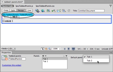 Normally, when a browser downloads a page containing Spry panels, it displays the first tab and panel. If you’d rather have a different panel visible when the page loads, go to the Property Inspector’s “Default panel” menu and specify the default tab.